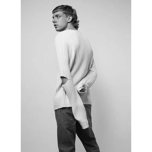 HELMUT LANG Re-Edition Ivory 100% Wool Ribbed Knit Cut-Out Elbow Sweater, Size M - Picture 2 of 16